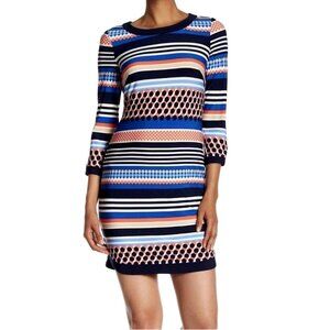 Vince Camuto Blue Coral Striped Shift Dress Size 12 Summer Office Career Stretch